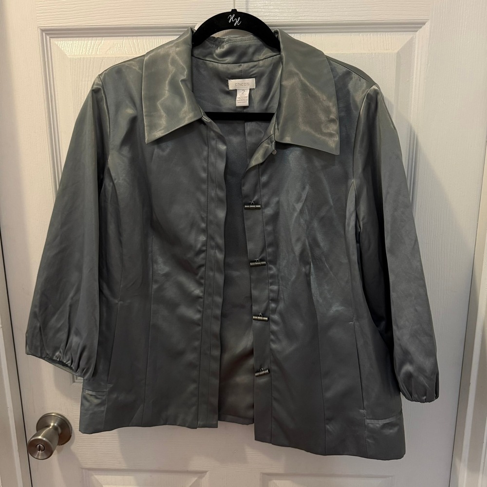 Chicos Size 2 (L) Shining Chic Pamila Silver Pewter 3/4-sleeve Satin Jacket